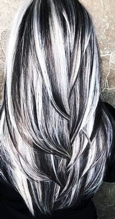 frosted hair color for dark hair with gray - Yahoo Image Search Results Nikibiki Outfit, Grey Hair Black Highlights, Wide Highlights Hair, Black Hair With Grey Highlights Long, Gray Hair With Black Lowlights, Black Lowlights In Gray Hair, Silver Hair Black Highlights, Black And Gray Hair Highlights, Long Two Tone Hair