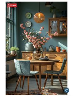 a dining room table with two chairs and a vase filled with flowers on top of it