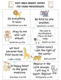 a printable bible verse for young preschoolers with pictures of animals and words on it