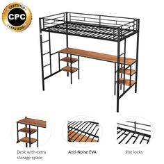 bunk beds with desks and shelves are shown in three different views, including the top one