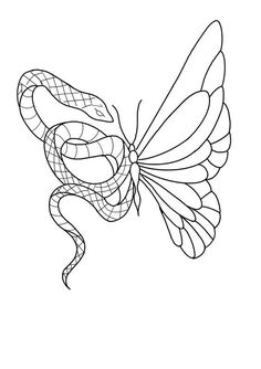 a black and white drawing of a snake wrapped around a butterfly's wings with the tail curled up