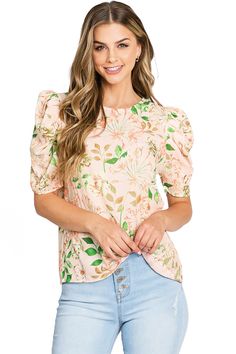 Light, chiffon blouse with a whimsical, floral print. Round neckline with a relax fit and a puff shoulder, short sleeve. Chic and effortless top, looks great paired with denim. CARE | Dry Clean or Hand Wash Cold CONTENTS | 100% Polyester MEASUREMENTS | 25"/63 cm Shoulder to Hem (Size Small) MODEL | 5'8 - wearing a size Small IMPORTED Feminine Floral Print Blouse With Flutter Sleeves, Printed Puff Sleeve Top For Brunch, Trendy Puff Sleeve Short Sleeve Top For Summer, Trendy Puff Sleeve Top For Summer, Casual Printed Puff Sleeve Top For Summer, Trendy Printed Puff Sleeve Tops, Trendy Summer Short Sleeve Puff Top, Spring Short Sleeve Top For Day Out, Casual Puff Sleeve Top With Blouson Sleeves