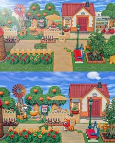 two pictures of the same house in different stages of life, one has an orange windmill and