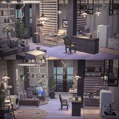 two pictures of the same living room in different stages of being decorated with furniture and decor