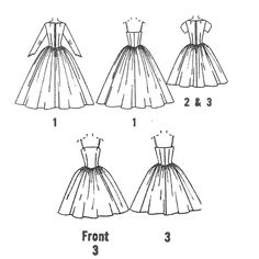 four different types of dresses with the measurements for each dress, from front to back