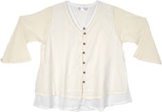 This one-sized wide cloak-like tunic top is made from lightweight and breathable cotton voile in two layers.  The top features wood-like buttons running down the front, adding a rustic and natural touch. #tlb #Solid #vacationclothing #VacationShirt Cotton Lagenlook Top With Buttons, Cotton Tunic Tops For Layering, White Tops With Buttons For Layering, White Tunic Shirt, Crochet Bralette Top, White Tunic Tops, Boho Crop Tops, Casual Summer Wear, White Tunic