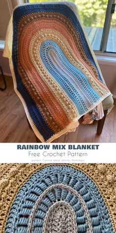 the rainbow mix blanket crochet pattern is shown in two different colors and sizes