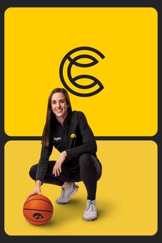 a woman kneeling down with a basketball in front of her and the letter e above her