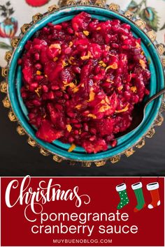 christmas pomegranate cranberry sauce in a blue bowl