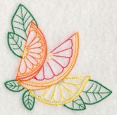 an embroidered piece of fruit with green leaves and orange slices on white fabric, in the shape of a bird