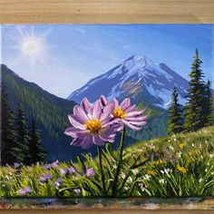 a painting of a mountain with flowers in the foreground