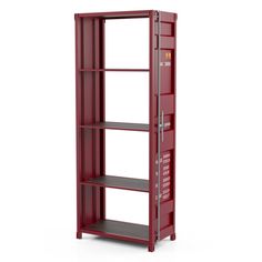 a red bookcase with three shelves on each side