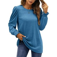 Fantaslook Womens Tunic Tops Crew Neck Long Sleeve Shirts Dressy Blouses This puff sleeve tops for women is a versatile and stylish addition to your wardrobe! Elevate your everyday fashion with womens long sleeve shirts that effortlessly blend comfort and sophistication. The high-quality fabric feels luxuriously soft against your skin, womens tops features crewneck, puff sleeve, pullover, tunic tops, casul style. Dressy blouses for women feature small folds on the shoulders, adding an alluring t Casual Blue Wrinkle-resistant Top, Comfortable Soft-washed Blue Tops, Blue 3/4 Sleeve Tops For Daywear, Casual Light Blue Blouse With 3/4 Sleeves, Affordable Blue 3/4 Sleeve Shirt, Short Sleeve Tunic Tops, Tunic Tops Casual, Dressy Blouse, Women Tunic Tops