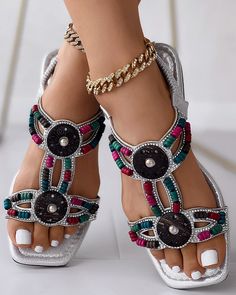 Size: 37,38,39,40,41,42,43;Style:Boho,ChicType:Flat SandalsPattern Type:Colorblock,TribalOccasion:Beach,Daily,VacationToe:Open Toe,Square ToeHeel Height:FlatPackage Include:1*Sandals Summer Beach Looks, Sandals Patterns, Orthopedic Sandals, Orthopedic Shoes, Beaded Sandals, Chic Type, Square Toe Heels, Chunky Heels Sandals, Summer Beach Wear