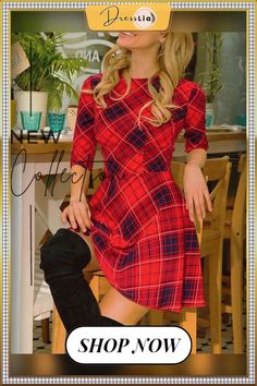 Half Sleeve Plaid Casual Flared Dress P12208 Ladies Plus Size Dresses, Flare Dress Casual, Dress Office, Long Sleeve Casual Dress, Flared Dress, Mini Skater Dress, Half Sleeve Dresses, Office Dresses, Plaid Fashion