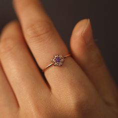 JSVConcepts Fine Jewelry Amethyst and Diamonds Flower Ring, Vintage Style Gemstone Diamond Ring, Minimalist Ring, Floral Ring, Gifts for Her ≫ Product Details ◈ Handmade / Handcrafted Fine Jewelry ◈ Stone: 100% Natural Diamond, 100% Natural Amethyst ◈ Carat Weight: 1.20mm diamonds x 6 pcs (.009 ct x 6 pcs = .054 CTW), 3mm Amethyst ◈ Ring Height: 3.50mm ◈ Ring Thickness: 1.20mm ◈ Flower Size: 7.45mm x 6.65mm ◈ Color: F-G ◈ Clarity: VS2-SI1 ◈ Cut: Brilliant Cut ◈ Weight: approximately 1.2g ◈ Metal Elegant Flower Shaped Birthstone Ring With Gemstone, Elegant Promise Flower Ring With Birthstone, Flower Shaped Wedding Ring With Accent Stones, Elegant Flower-shaped Birthstone Ring For Wedding, Dainty Amethyst Ring With Accent Stones, Dainty Flower Ring With Birthstone, Elegant Purple Flower Ring As A Gift, Dainty Gemstone Cluster Ring, Elegant Flower Shaped Birthstone Rings