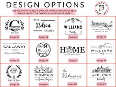 the logos for design options are shown in black and white, with different font styles