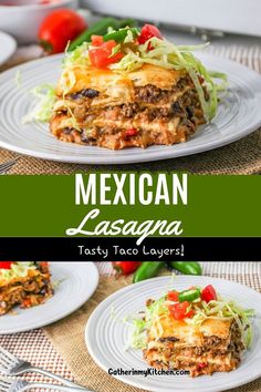 mexican lasagna with shredded lettuce and tomatoes on top, served in white plates