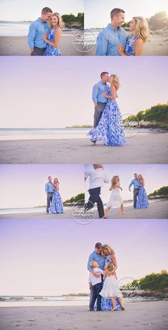 a couple kissing on the beach with their arms around each other and one woman in blue dress