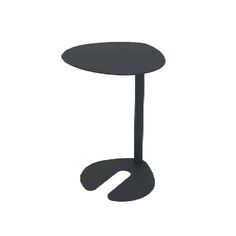 a small black table with an oval shaped top and curved legs, on a white background