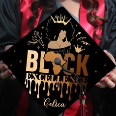 a woman wearing a black and gold graduation cap with the words block experience written on it