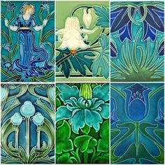 four different images of blue and green art nouveau tile designs, each with an image of a woman sitting on a flower