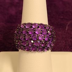 2.50ctw Round Purple Amethyst Rhodium Over Sterling Silver Dome Ring. Measures Approximately 5/8"L X 1/8"W. Not Sizeable. Black Rhodium. New In Packaging Faceted Purple Amethyst Ring Fine Jewelry, Formal Purple Amethyst Ring With Stones, Purple Round Amethyst Ring, Jewelry Purple, Dome Ring, Jtv Jewelry, Domed Ring, Black Rhodium, Purple Amethyst