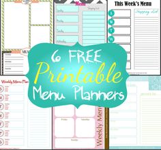 the free printable menu planner is shown with text overlay that reads 6 free printable menu planners