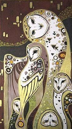 an abstract painting with two owls on it's face and another owl in the background