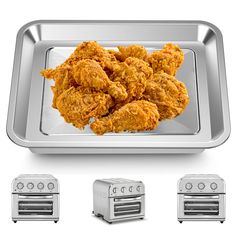 four toaster ovens and three fried chicken on a tray with the same image