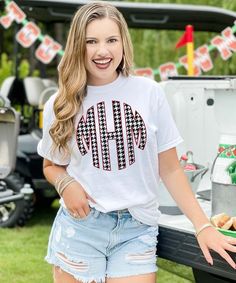 Football Parties, Houndstooth Shirt, Letter Shirt, Monogram Shirt, Football Graphic Tee, Monogram Shirts, Cotton Tank Top, Color Shorts, Graphic Shirt