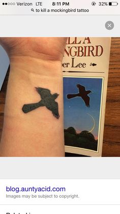 a small tattoo on the wrist of a person with a bird in it's hand