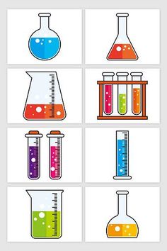 four different colored beaks and flasks filled with liquid