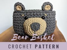 a crocheted bear purse on top of a wooden table with text overlay