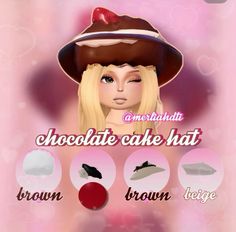 a girl wearing a hat with chocolate cake on it