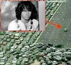 an aerial view of a city with cars in the background and a photo of a man