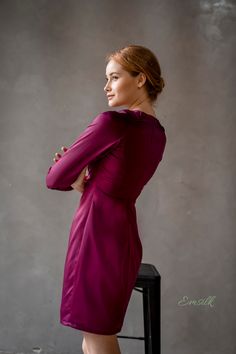 "This luxury exclusive design midi dress is perfect for any events outfit or casual work outfit. 100 % designed and handmade by Emsilk. I am pleased to offer your garments made to measure at no extra cost. All of my designs can be made in any colors that you see in my shop. Link to all colors in pure silk: https://www.etsy.com/shop/emsilkdesign?ref=seller-platform-mcnav&section_id=28483599 * Detail: - Boat neckline - Draped pencil style dress - Pleated detail on waist, shoulder - Fully lined Elegant Purple V-neck Mini Dress, Elegant Mid-length Bodycon Dress For Night Out, Elegant Mid-length Mini Dress For Evening, Elegant Mid-length Bodycon Dress For Work, Fitted Purple Midi Dress, Knee-length Ruched Midi Dress For Office, Elegant Mid-length Bodycon Mini Dress, Purple Fitted Midi Length Dress, Purple Fitted Midi Dress