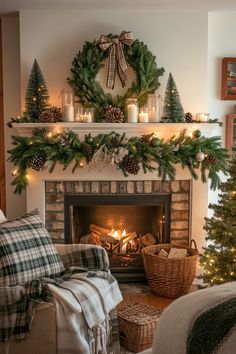 a living room filled with furniture and a fire place covered in christmas wreaths on top of a mantel