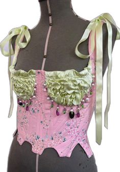 Green Corset, Japanese Sakura, Blossom Print, Corset Bustier, Pink Blossom, Pastel Green, Green Silk, Corsets, Bridal Wear