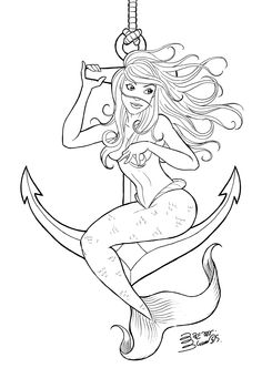 a drawing of a mermaid sitting on an anchor with her hair blowing in the wind