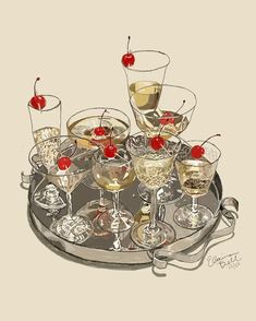 a tray filled with wine glasses and cherries on top of a white table cloth