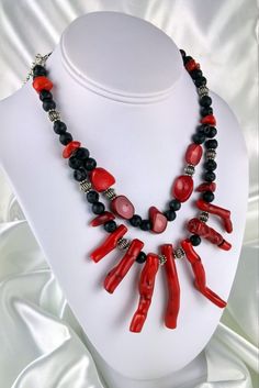 OOAK Red Coral and Black Lava Stone Necklacevalentine's - Etsy Slovakia Unique Jewelry With Polished Red Coral Beads, Red Coral Large Beads Necklace For Gift, Unique Red Coral Jewelry With Polished Beads, Artisan Red Coral Jewelry For Gifts, Spiritual Red Coral Jewelry With Polished Beads, Luxury Red Coral Necklace With Large Beads, Artisan Red Coral Jewelry Gift, Adjustable Red Coral Gemstone Beads Jewelry, Gift Jewelry With Hand-strung Red Coral