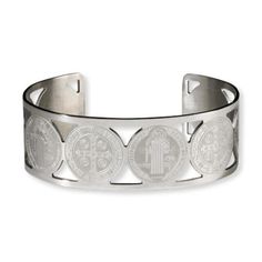 This St. Benedict Medal bracelet is crafted using durable stainless steel and contains laser engraved images of both sides of the St. Benedict Medal.  The bracelet features a modern designer silver-tone cuff bangle design showcasing the Medal of St. Benedict and the Christian Cross images. An open end of this bracelet allows easy slip-on styling.  8" Adjustable Cuff Unisex Christian Cross Images, Cross Images, St Benedict Medal, Bangle Design, Benedict Medal, St Benedict, Saint Benedict, Christian Cross, Bangle Designs