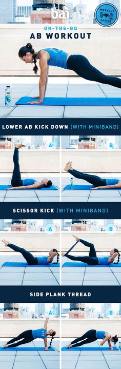 a woman doing yoga poses with the words ab workout above her head and below her body