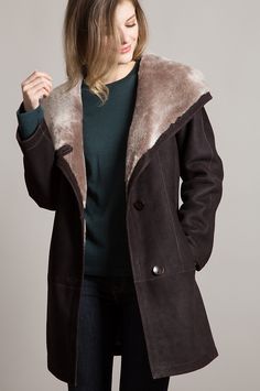 Premium Merino shearling sheepskin gives this button-front jacket its warmth, while the hood is poised for windy weather. Free shipping   returns. Windy Weather, Sheepskin Jacket, Sheepskin Coat, Jackets Women, Shearling Coat, Women's Sweaters, Winter Coats Women, Shearling Jacket, Leather Jackets Women