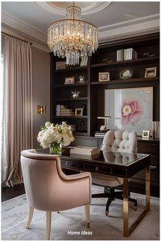 an elegant home office with chandelier, desk and chair