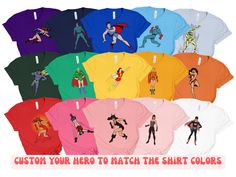 Custom Superhero Halloween Group Shirt, Personalized Retro Hero Costume Tee, Colorful Office Matching Shirt, Friend Family Holiday Costume Suit up in style with our Custom Halloween Hero Group Shirts, featuring personalized retro superhero designs. These colorful tees are perfect for matching office teams, friends, or family for holiday costumes, adding a fun and festive superhero vibe to your Halloween celebration! ★ How to Order: ➥ Please carefully review all provided information before making Pre-shrunk Themed Multicolor T-shirt, Themed Multicolor Pre-shrunk T-shirt, Multicolor Pre-shrunk Themed T-shirt, Superhero Graphic Print Tops, Multicolor Pop Culture Crew Neck Top, Multicolor Crew Neck Pop Culture Top, Multicolor Crew Neck Top In Pop Culture Style, Halloween Multicolor Top With Sublimation Print, Multicolor Halloween Top With Sublimation Print