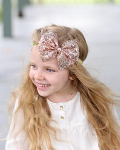 "Dress up any outfit with this glittery sequin bow headband. Bow measures 5\" x 5\" and is attached to a matching elastic glittery headband. We recommend spot cleaning this headband." Birthday Headband, Headband Bow, Dance Accessories, Rose Gold Sequin, Sequin Bow, Turbans, Gold Sequin, Daughter Love, Etsy Fashion