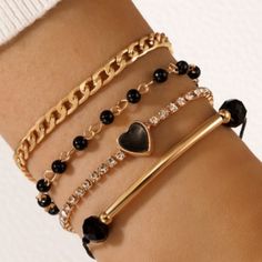 Fashion Jewelry Black Heart Drop Four Layer Bracelet Multilayer Bracelet. Trendy Metal Heart Bracelet For Party, Trendy Bracelets For Valentine's Day Party, Black Metal Heart Bracelet As Gift, Trendy Adjustable Heart Bracelet For Party, Trendy Black Bracelets For Valentine's Day, Trendy Black Bracelet For Valentine's Day, Trendy Black Heart-shaped Beaded Bracelets, Trendy Black Heart Beaded Bracelets, Trendy Black Heart Bracelet For Gift