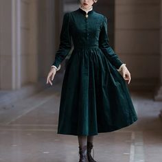 Dark green lady's corduroy dress – remulia Green Velvet Dress For Fall, Green Velvet Fall Dress, Green Long-sleeved Velvet Dress, Long Sleeve Winter Costume Dress, Winter Long Sleeve Costume Dress, Winter Costume Long Sleeve Dress, Winter Costume Dress With Long Sleeves, Gothic Velvet Dress For Fall, Vintage Dress For Fall Costume Party